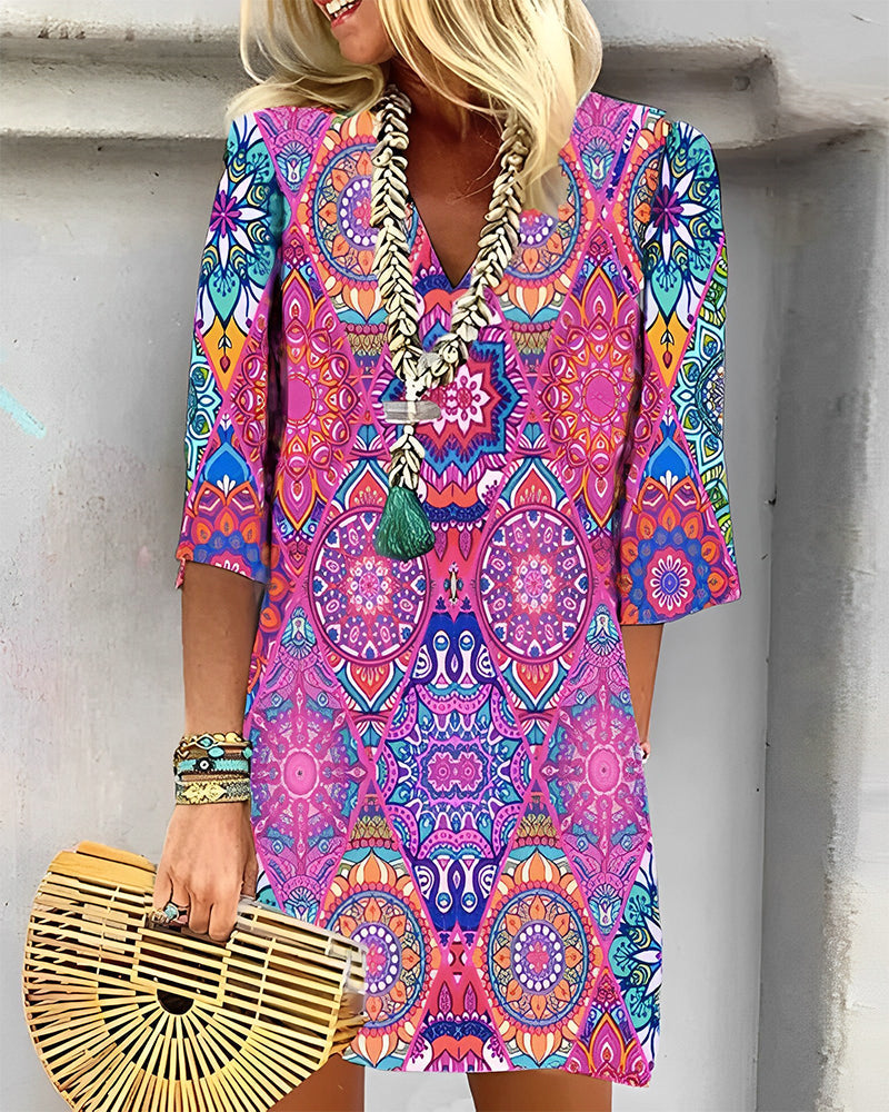 ZARELLE – Midi-Jurk met Geometrische Print en 3/4 Mouwen
