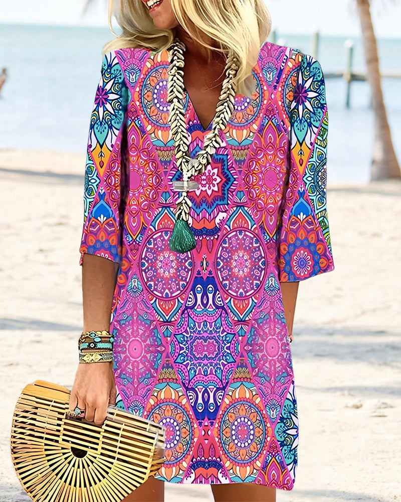 ZARELLE – Midi-Jurk met Geometrische Print en 3/4 Mouwen