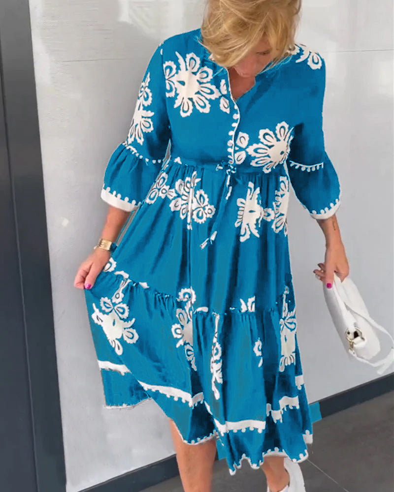 Midi-Jurk Met Grafisch Borduurmotief Voor Vrouwen Met Bloemachtige Prints – CLAUDETTE ELEGANCE