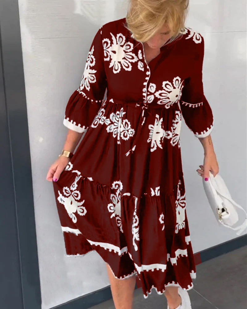 Midi-Jurk Met Grafisch Borduurmotief Voor Vrouwen Met Bloemachtige Prints – CLAUDETTE ELEGANCE