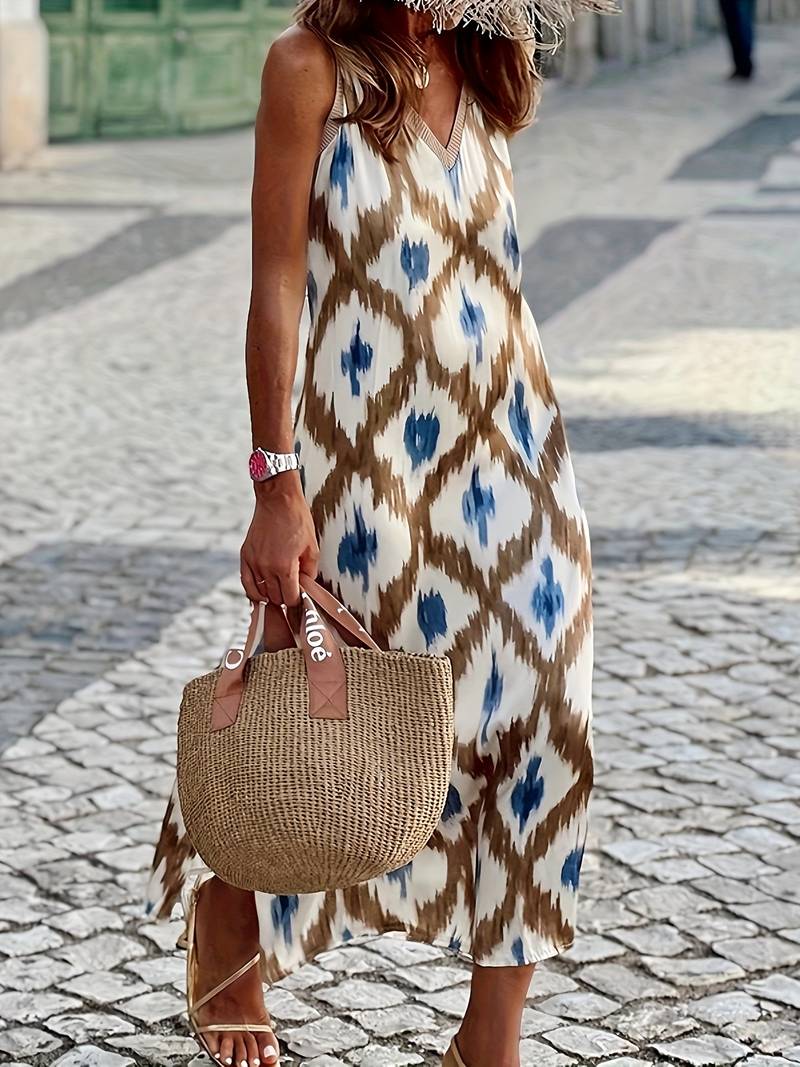 Dames - Mouwloze Boho Maxi-Jurk - Lichtgewicht Ademend Polyester - Zomer Strandmode - VLOEIENDE STIJL