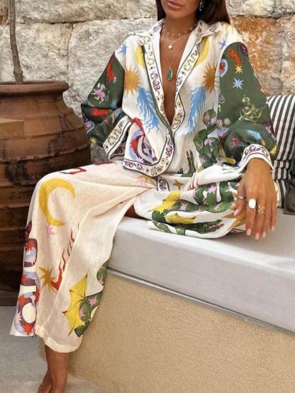 Lichte dames set met blouse en elastische broek in artistieke print – VelmiraSet