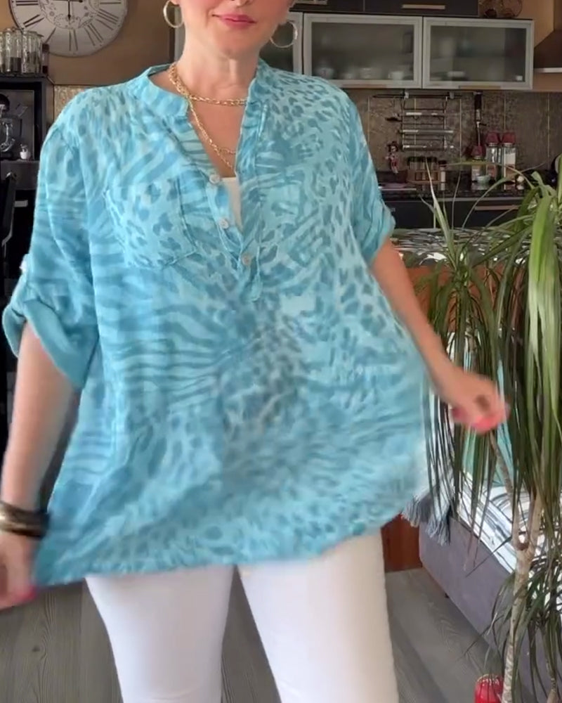 Bedrukte Blouse - Dames - Katoenblend - Casual Mode - V-Hals Stijl