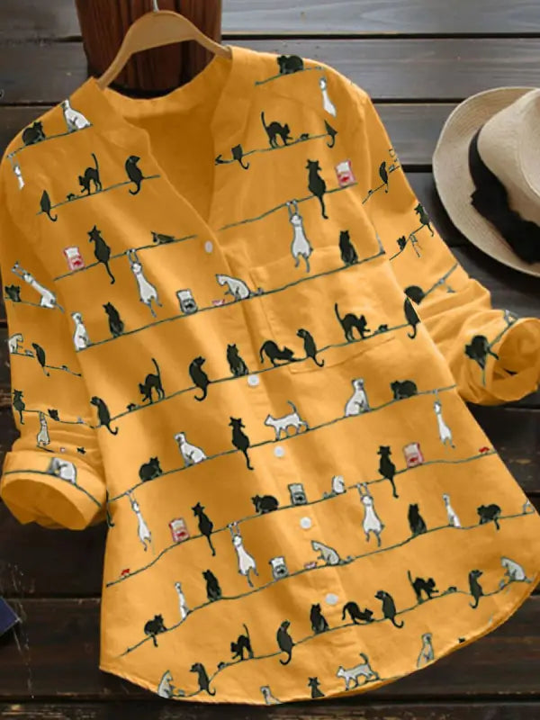 Dames - Lange Mouwen Blouse - Kattenprint - Elegante Mode - KATGENEGEN