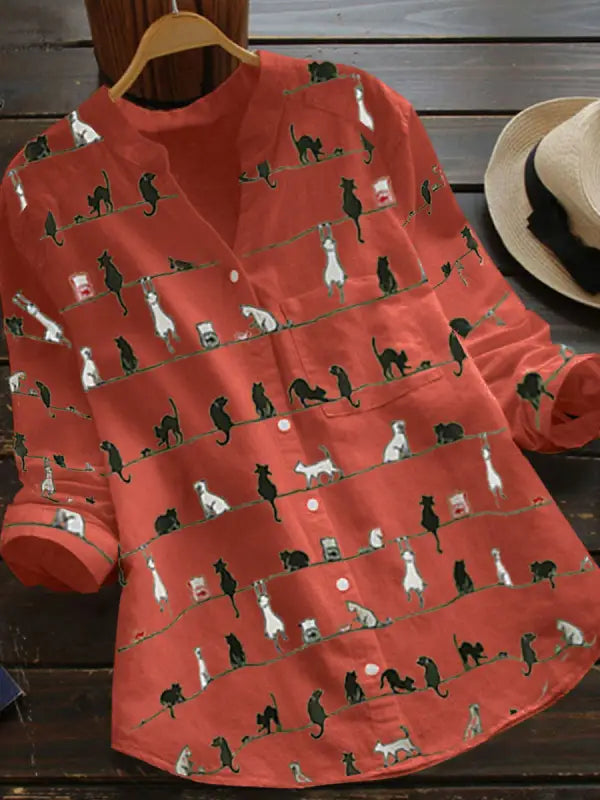 Dames - Lange Mouwen Blouse - Kattenprint - Elegante Mode - KATGENEGEN