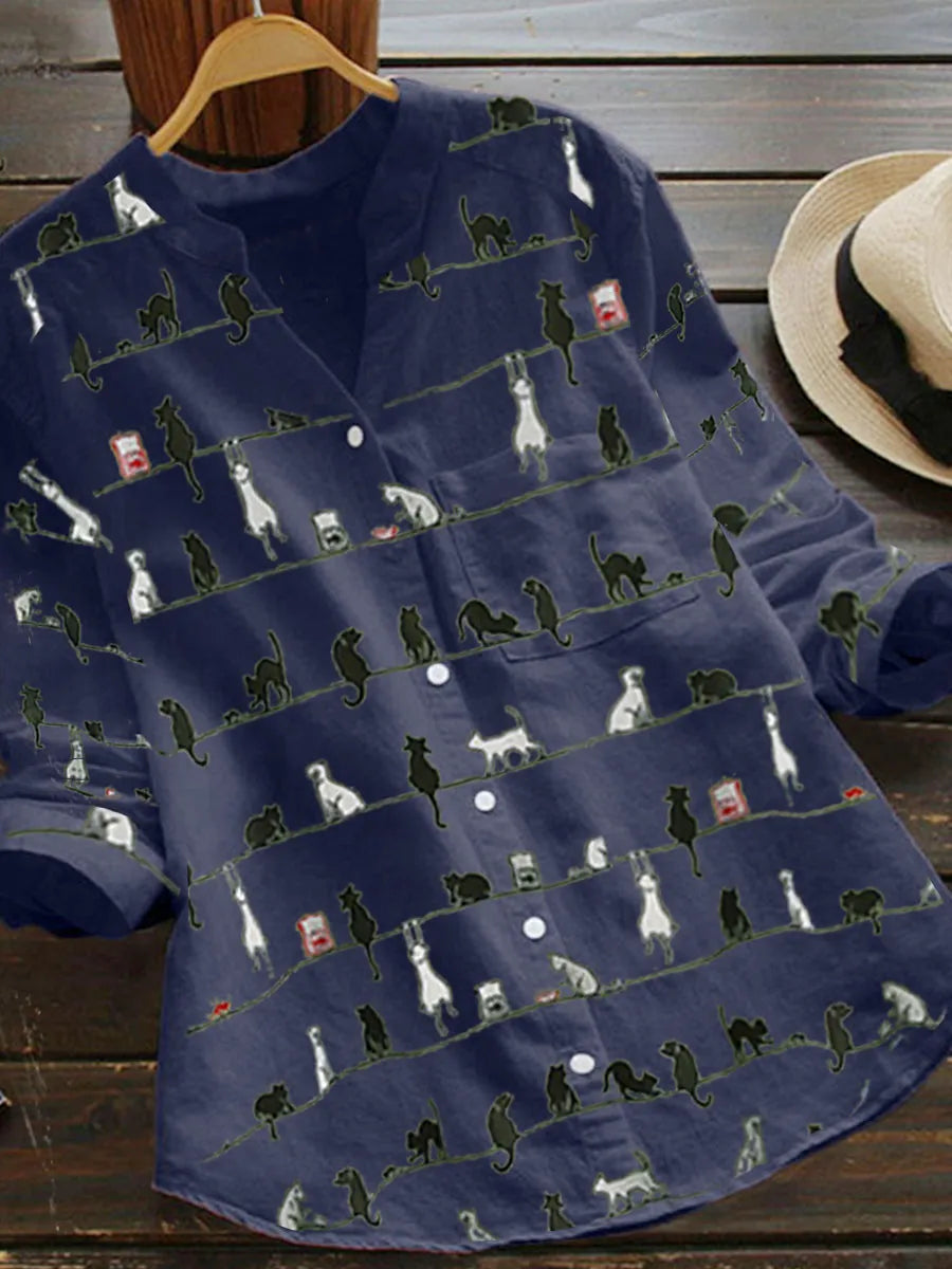 Dames - Lange Mouwen Blouse - Kattenprint - Elegante Mode - KATGENEGEN