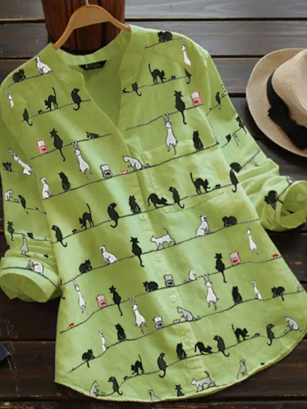 Dames - Lange Mouwen Blouse - Kattenprint - Elegante Mode - KATGENEGEN