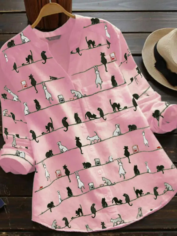 Dames - Lange Mouwen Blouse - Kattenprint - Elegante Mode - KATGENEGEN