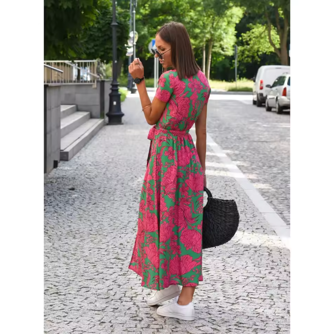 Elegante midi wikkeljurk met flatterende V-hals en ceintuur – ElvineaWrap