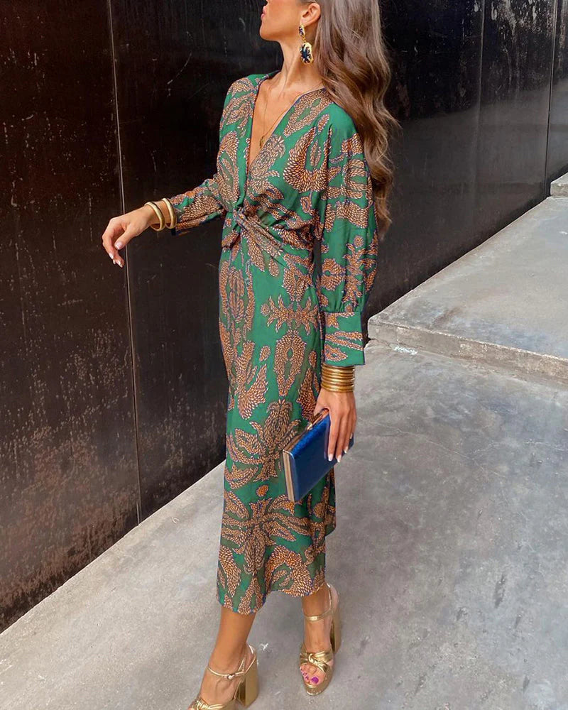 Elegante damesjurk met bloemenprint en lange mouwen – Floramira
