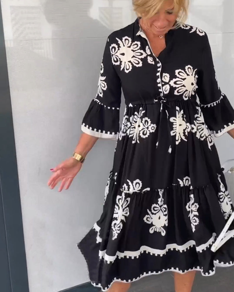 Midi-Jurk Met Grafisch Borduurmotief Voor Vrouwen Met Bloemachtige Prints – CLAUDETTE ELEGANCE