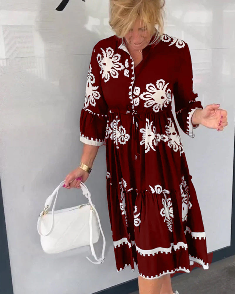 Midi-Jurk Met Grafisch Borduurmotief Voor Vrouwen Met Bloemachtige Prints – CLAUDETTE ELEGANCE