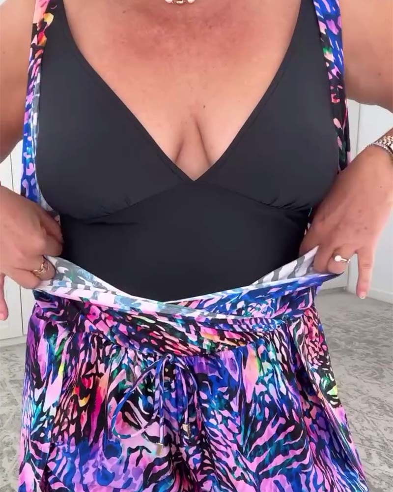 Badpak - Dames - V-Hals en Kleurrijke Print - Vakantie Mode - EENDELIG STIJL