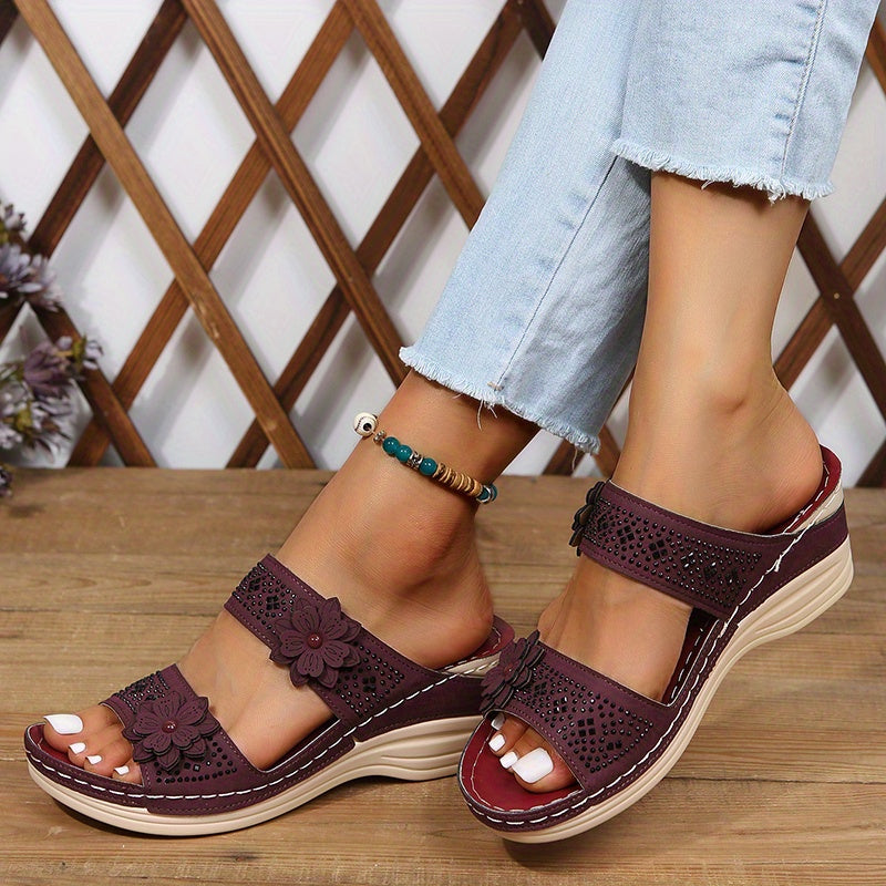 Dames - Sleehakken Sandalen - Met Bloem en Strass - Comfortabele Steunzolen - ELEGANTIE