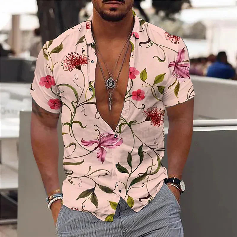 Herenoverhemd met Diepe Hals en Opvallende Printstructuur voor Zomerse Casual Outfits – PIETRO VIBE