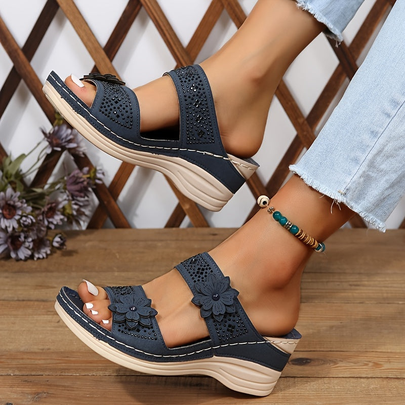 Dames - Sleehakken Sandalen - Met Bloem en Strass - Comfortabele Steunzolen - ELEGANTIE