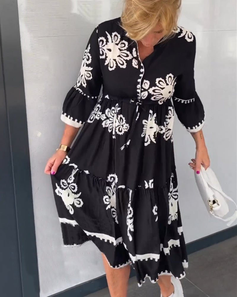 Midi-Jurk Met Grafisch Borduurmotief Voor Vrouwen Met Bloemachtige Prints – CLAUDETTE ELEGANCE
