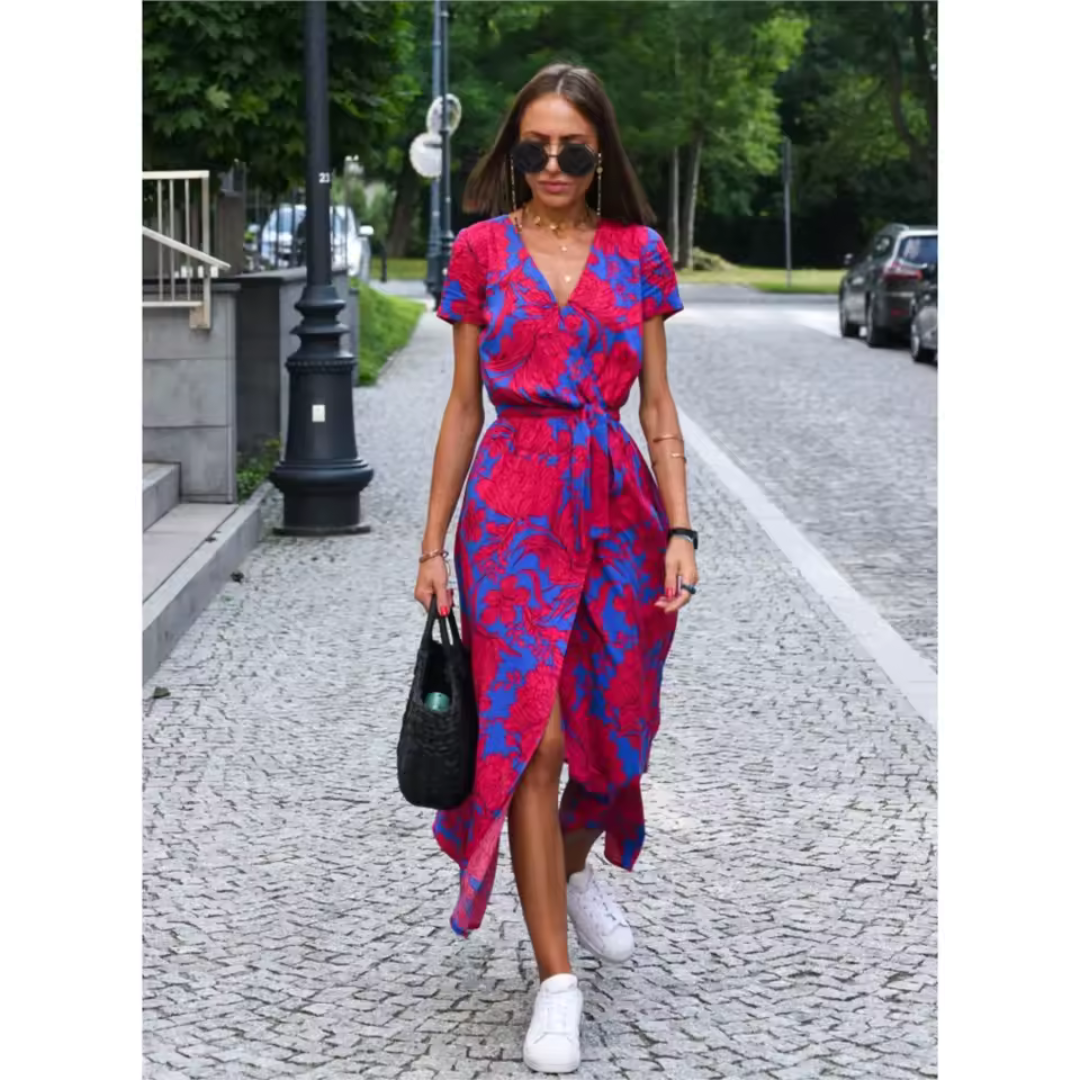 Elegante dames wikkeljurk met V-hals en ceintuur – ValenyaWrap