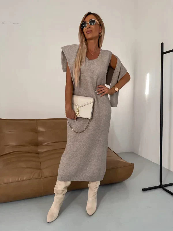Dames - Set met Mouwloze Midi Jurk en Coltrui - Zachte Stof - Gelaagd Silhouet - JURK EN TRUI SET