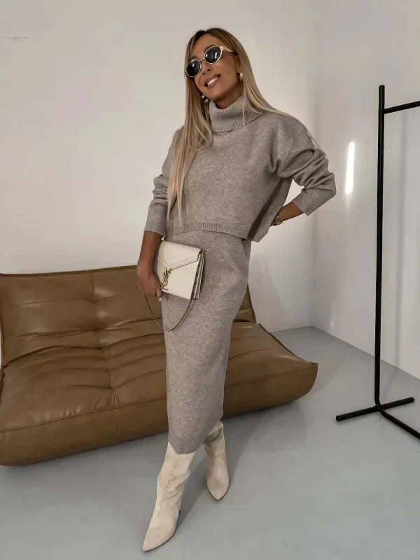 Dames - Set met Mouwloze Midi Jurk en Coltrui - Zachte Stof - Gelaagd Silhouet - JURK EN TRUI SET