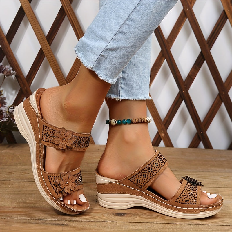 Dames - Sleehakken Sandalen - Met Bloem en Strass - Comfortabele Steunzolen - ELEGANTIE