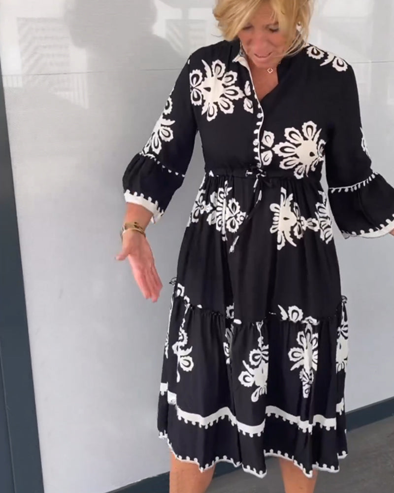 Midi-Jurk Met Grafisch Borduurmotief Voor Vrouwen Met Bloemachtige Prints – CLAUDETTE ELEGANCE
