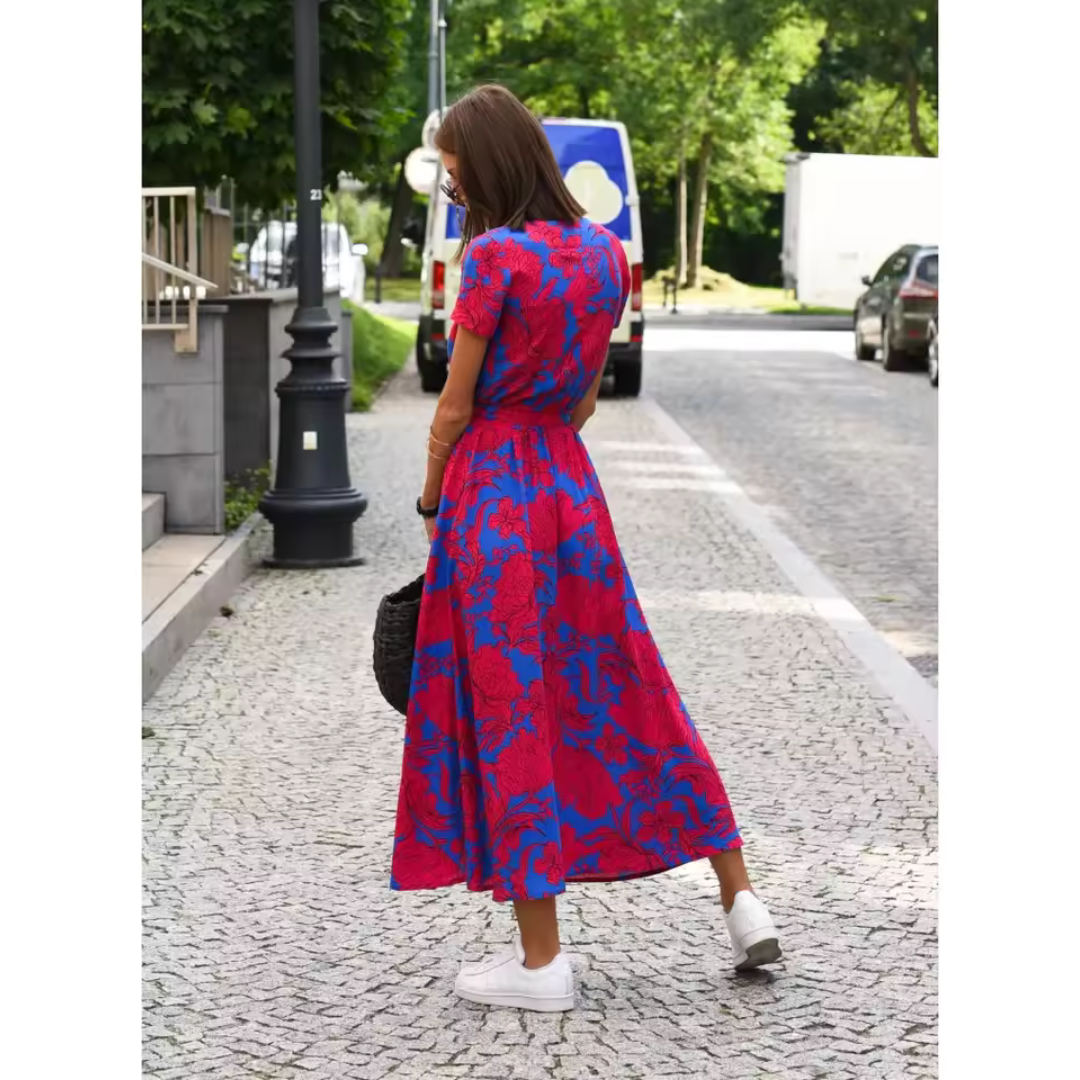 Elegante midi wikkeljurk met flatterende V-hals en ceintuur – ElvineaWrap