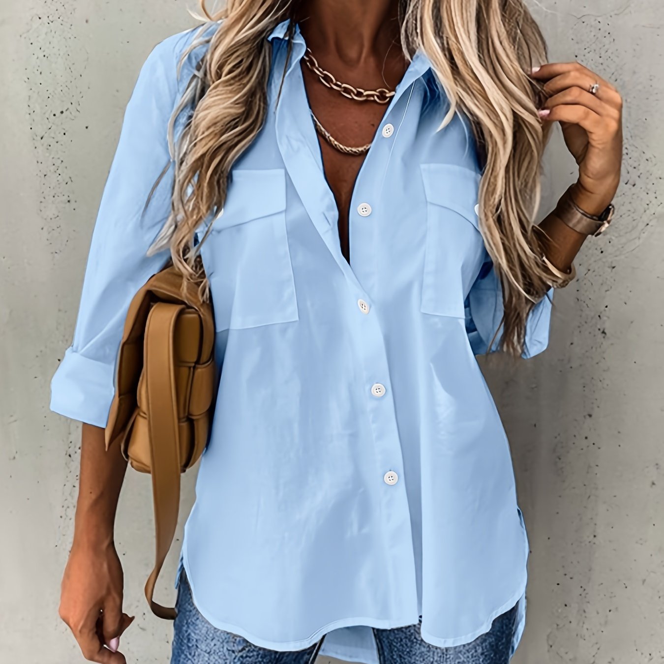 Dames - Relaxed Fit Blouse - Lange Mouwen - Kantoor en Casual - ELEGANTE BLAUW