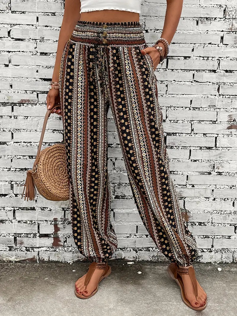 Dames - Boho-chique Broek - Gesmokte Taille - Etnische Grafische Print - VRIJHEID STIJL