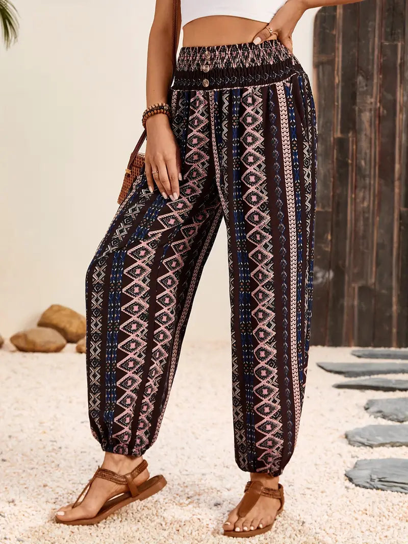 Dames - Boho-chique Broek - Gesmokte Taille - Etnische Grafische Print - VRIJHEID STIJL