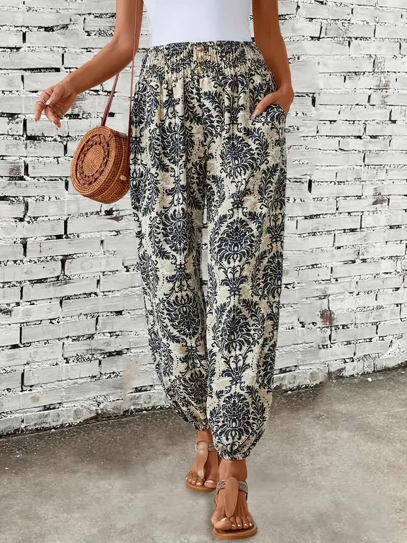 Dames - Boho-chique Broek - Gesmokte Taille - Etnische Grafische Print - VRIJHEID STIJL