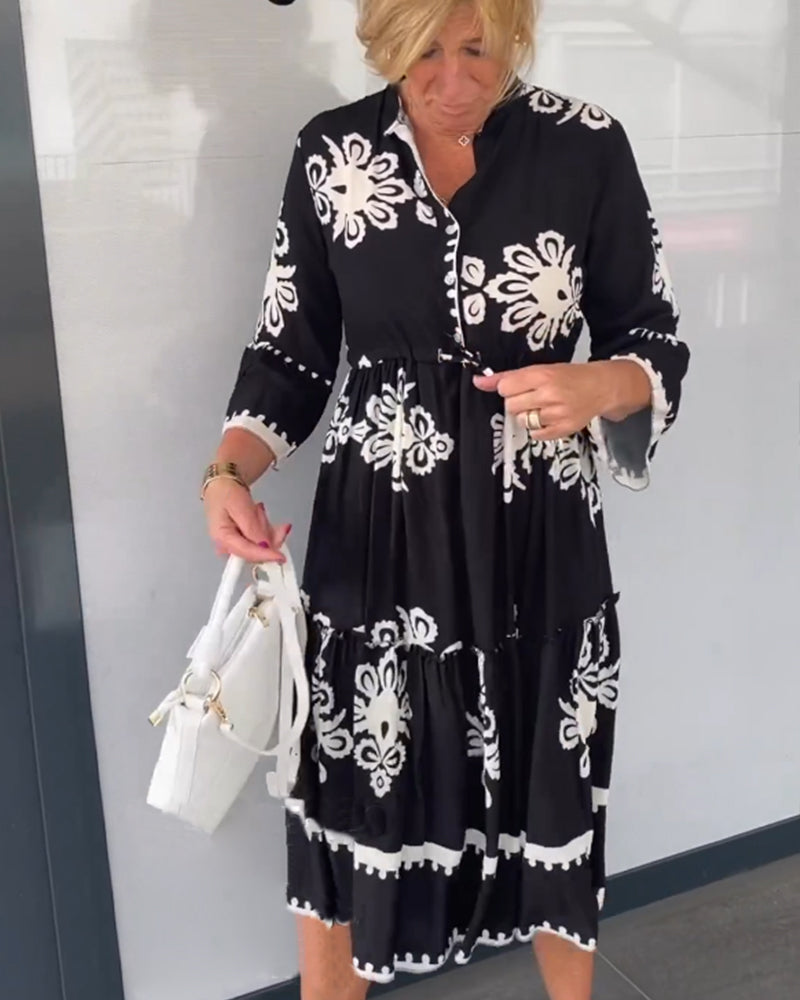 Midi-Jurk Met Grafisch Borduurmotief Voor Vrouwen Met Bloemachtige Prints – CLAUDETTE ELEGANCE