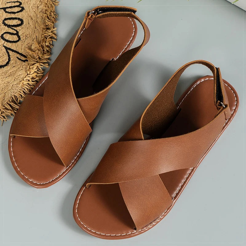 Dames - Leren Sandalen - Gekruiste Bandjes - Comfortabel Casual Schoeisel - STIJLVOL