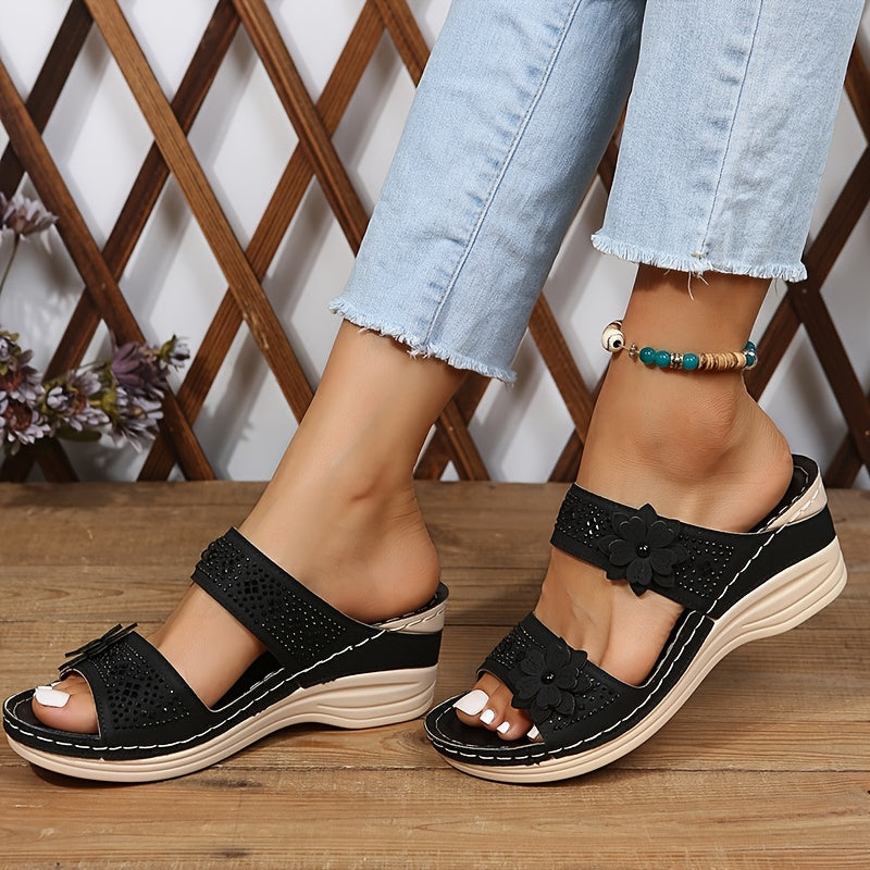 Dames - Sleehakken Sandalen - Met Bloem en Strass - Comfortabele Steunzolen - ELEGANTIE
