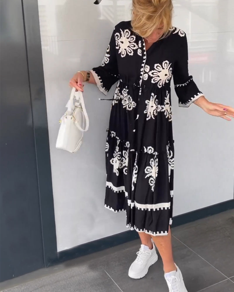 Midi-Jurk Met Grafisch Borduurmotief Voor Vrouwen Met Bloemachtige Prints – CLAUDETTE ELEGANCE