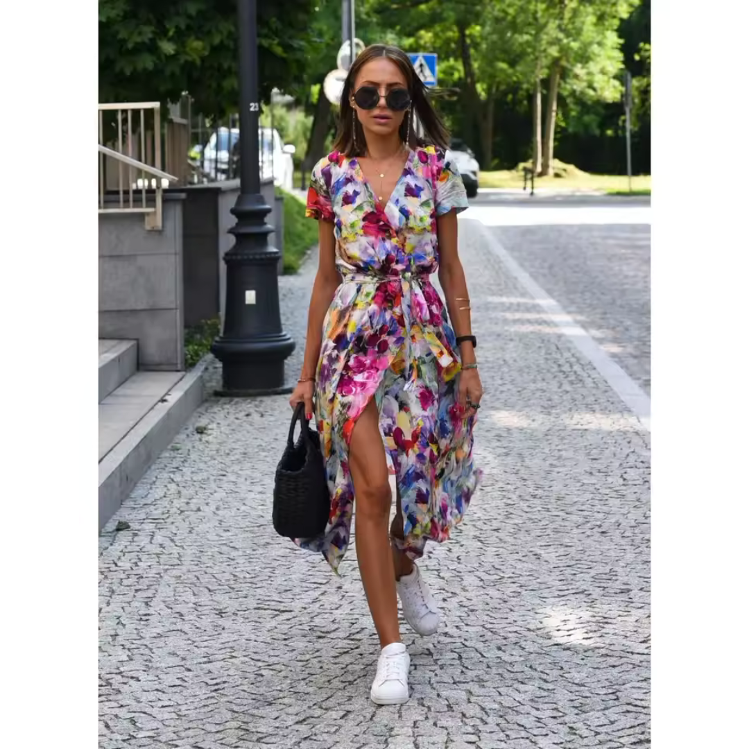 Elegante dames wikkeljurk met V-hals en ceintuur – ValenyaWrap