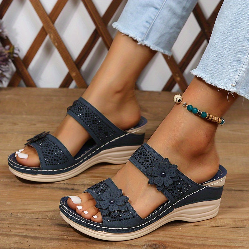 Dames - Sleehakken Sandalen - Met Bloem en Strass - Comfortabele Steunzolen - ELEGANTIE