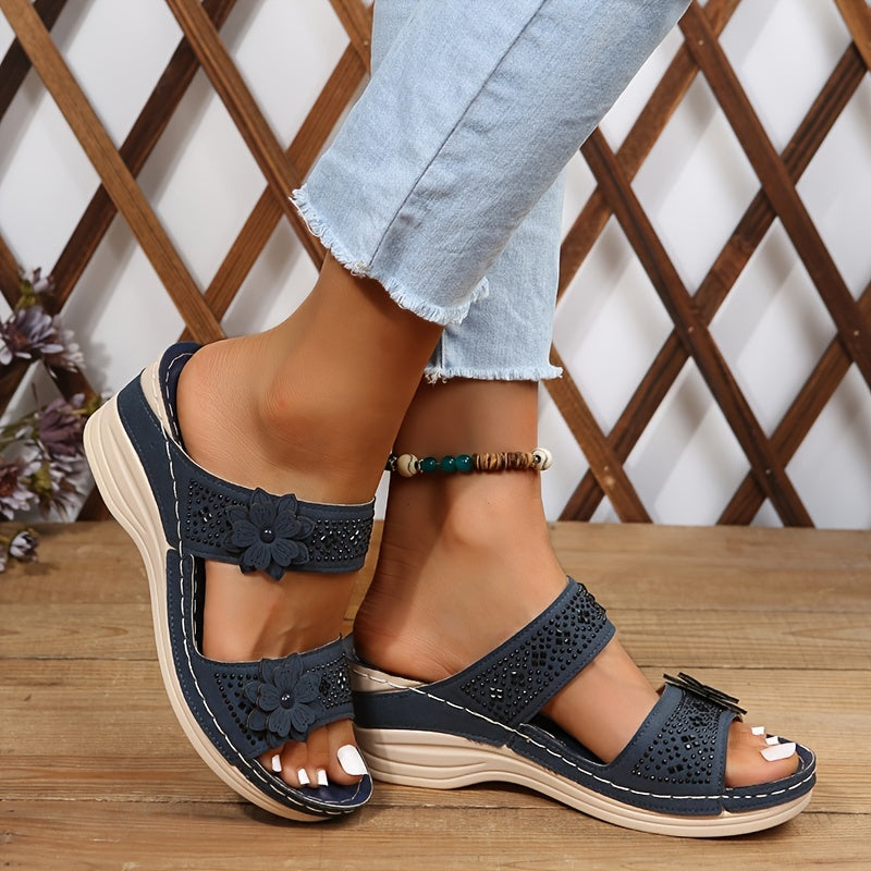 Dames - Sleehakken Sandalen - Met Bloem en Strass - Comfortabele Steunzolen - ELEGANTIE