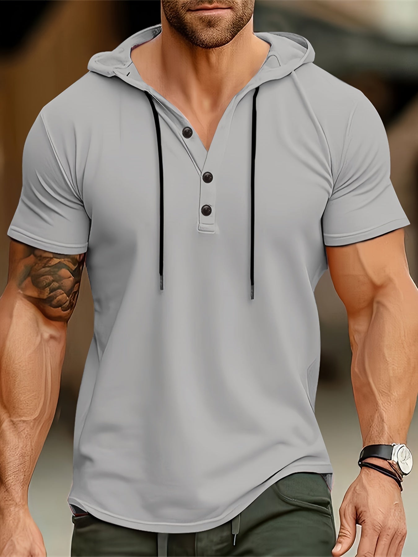Heren - Korte Mouwen T-Shirt - Comfortabele Capuchon en Knoopsluiting - Casual Mode - STIJLVOL T-SHIRT