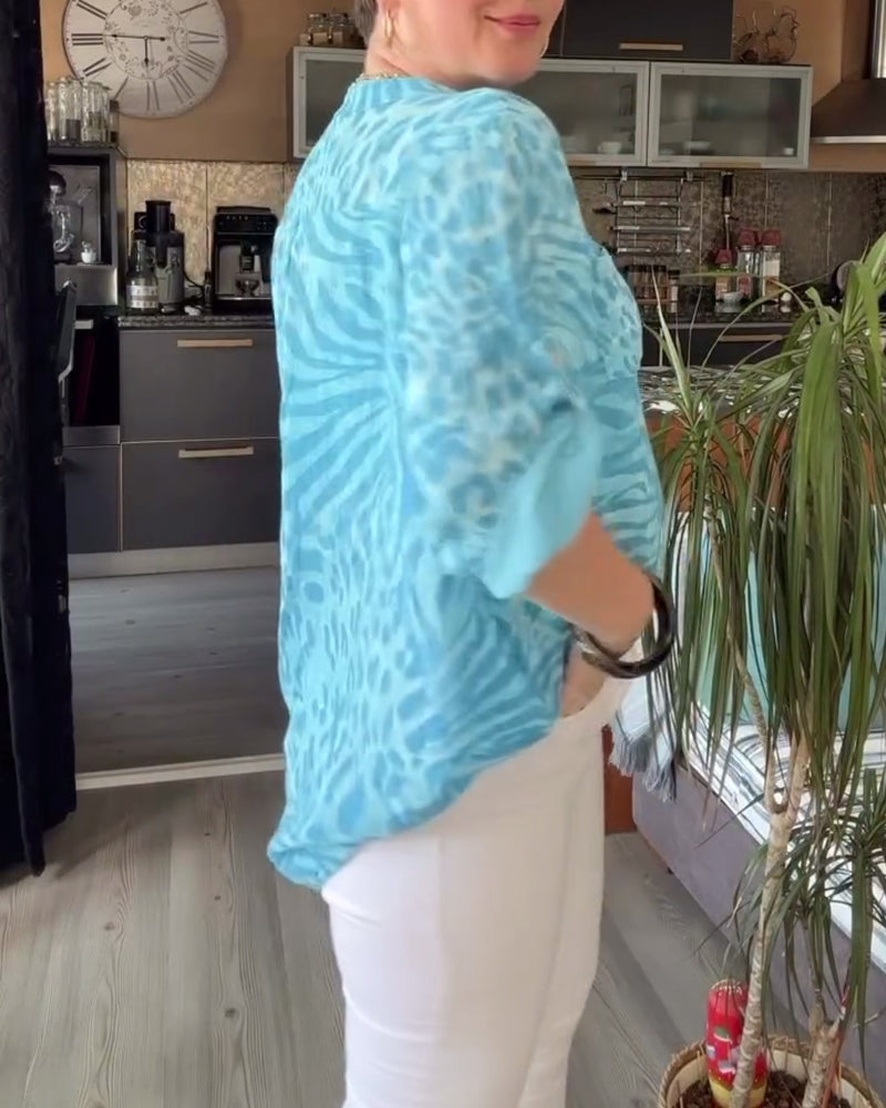 Bedrukte Blouse - Dames - Katoenblend - Casual Mode - V-Hals Stijl