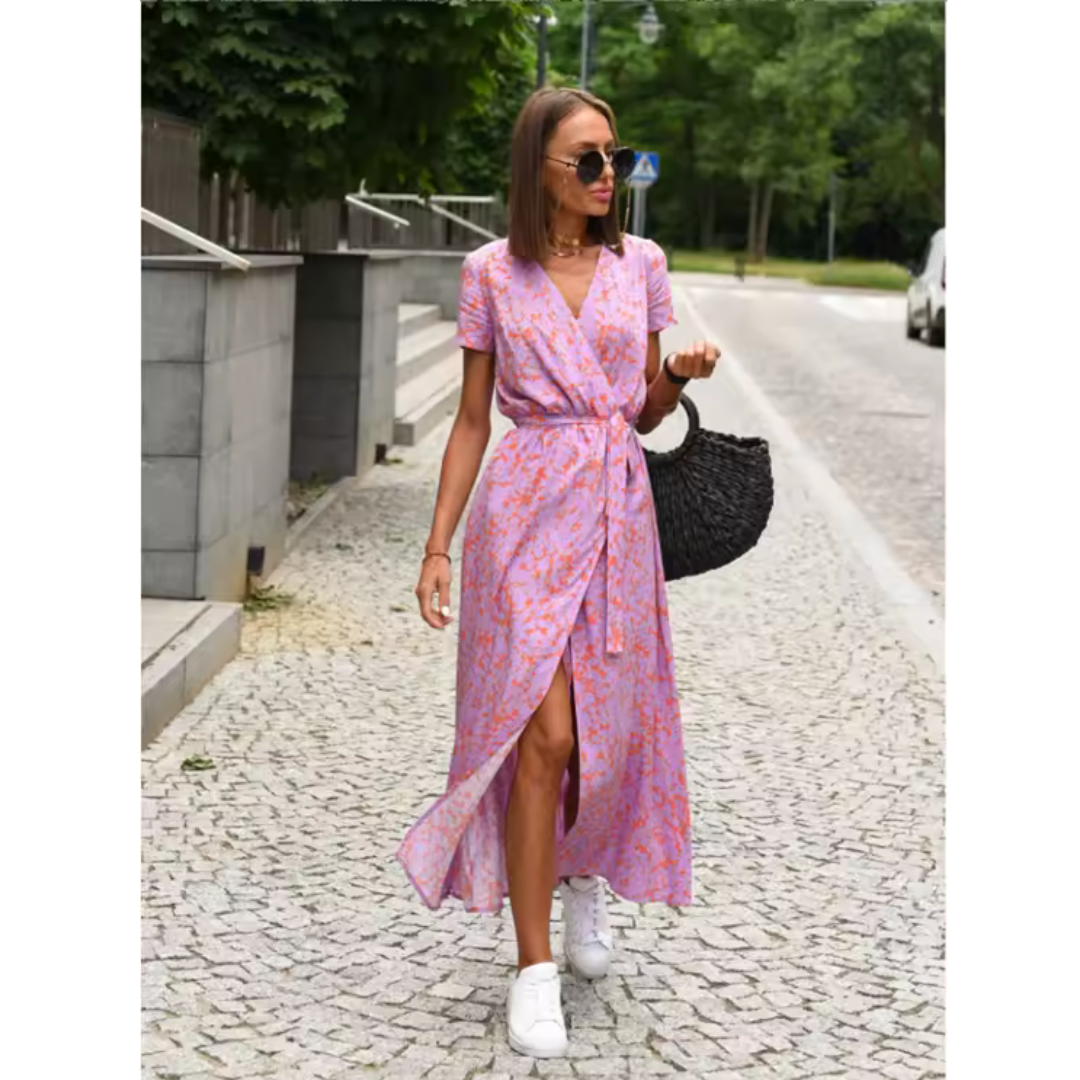 Elegante midi wikkeljurk met flatterende V-hals en ceintuur – ElvineaWrap
