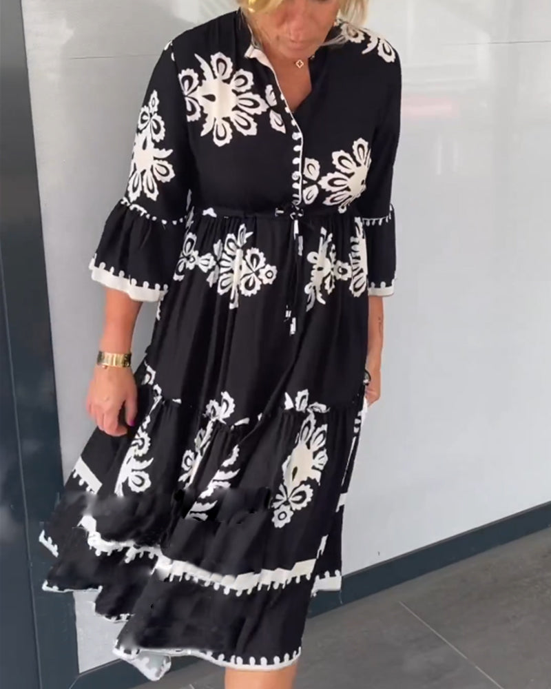 Midi-Jurk Met Grafisch Borduurmotief Voor Vrouwen Met Bloemachtige Prints – CLAUDETTE ELEGANCE