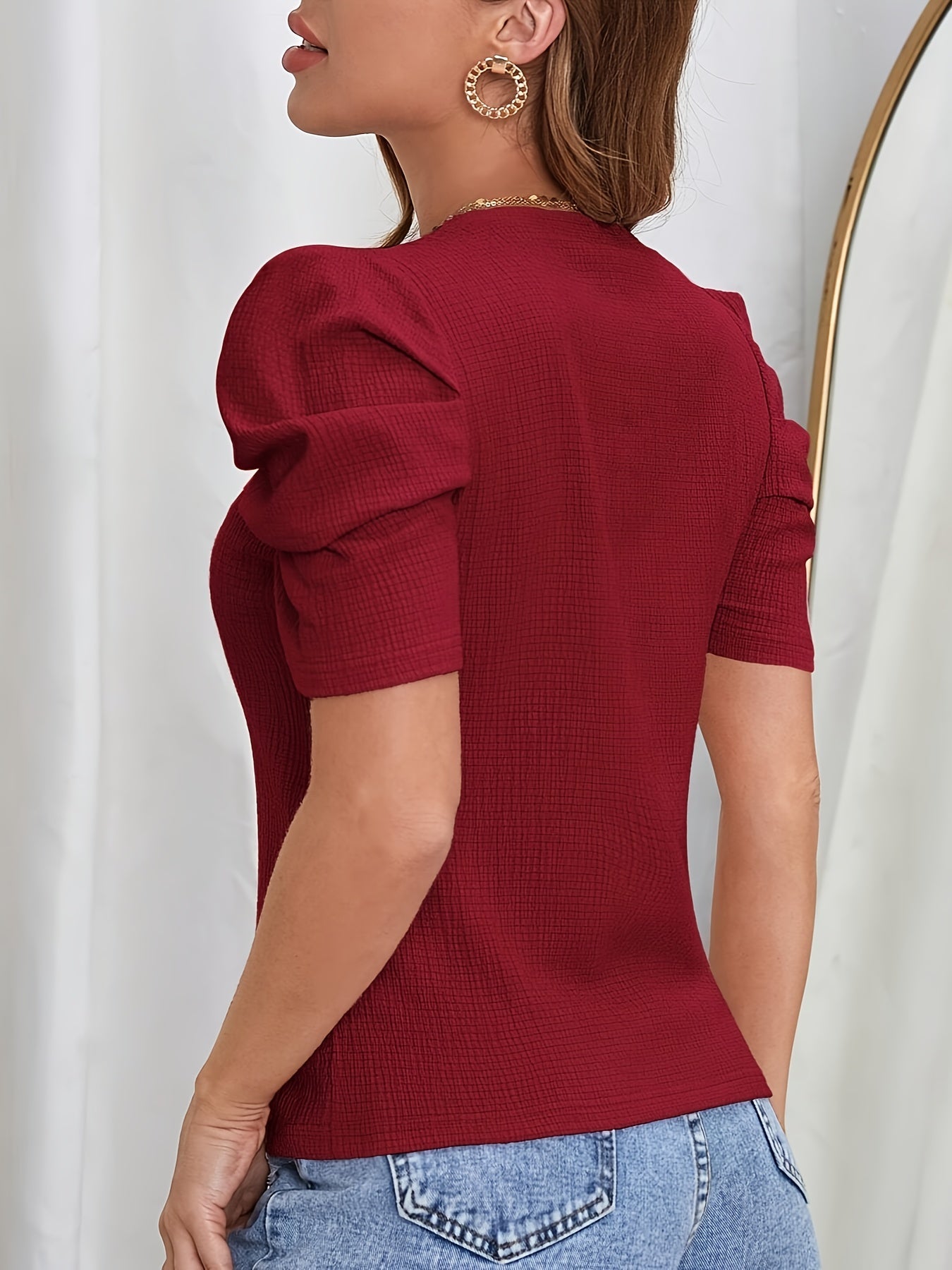 Vrouwen - Elegant Effen T-Shirt - Pofmouwen - Comfortabele Stijl - MODERNE LOOK