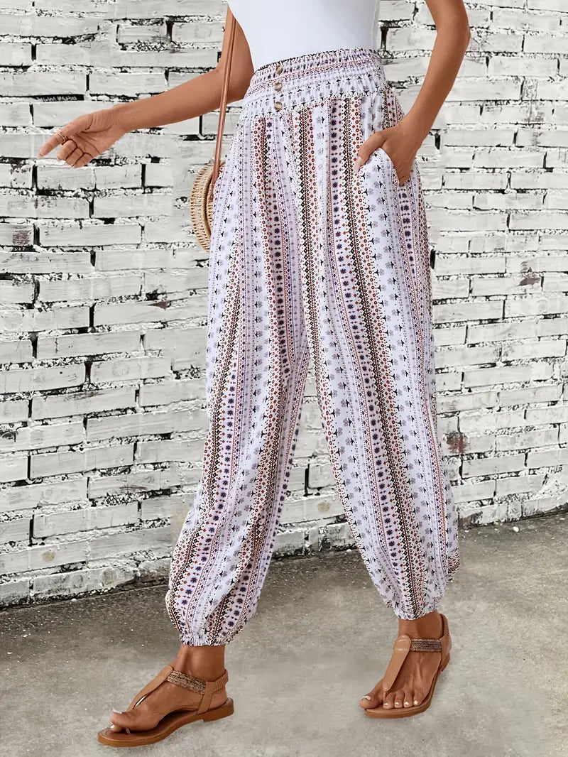 Dames - Boho-chique Broek - Gesmokte Taille - Etnische Grafische Print - VRIJHEID STIJL