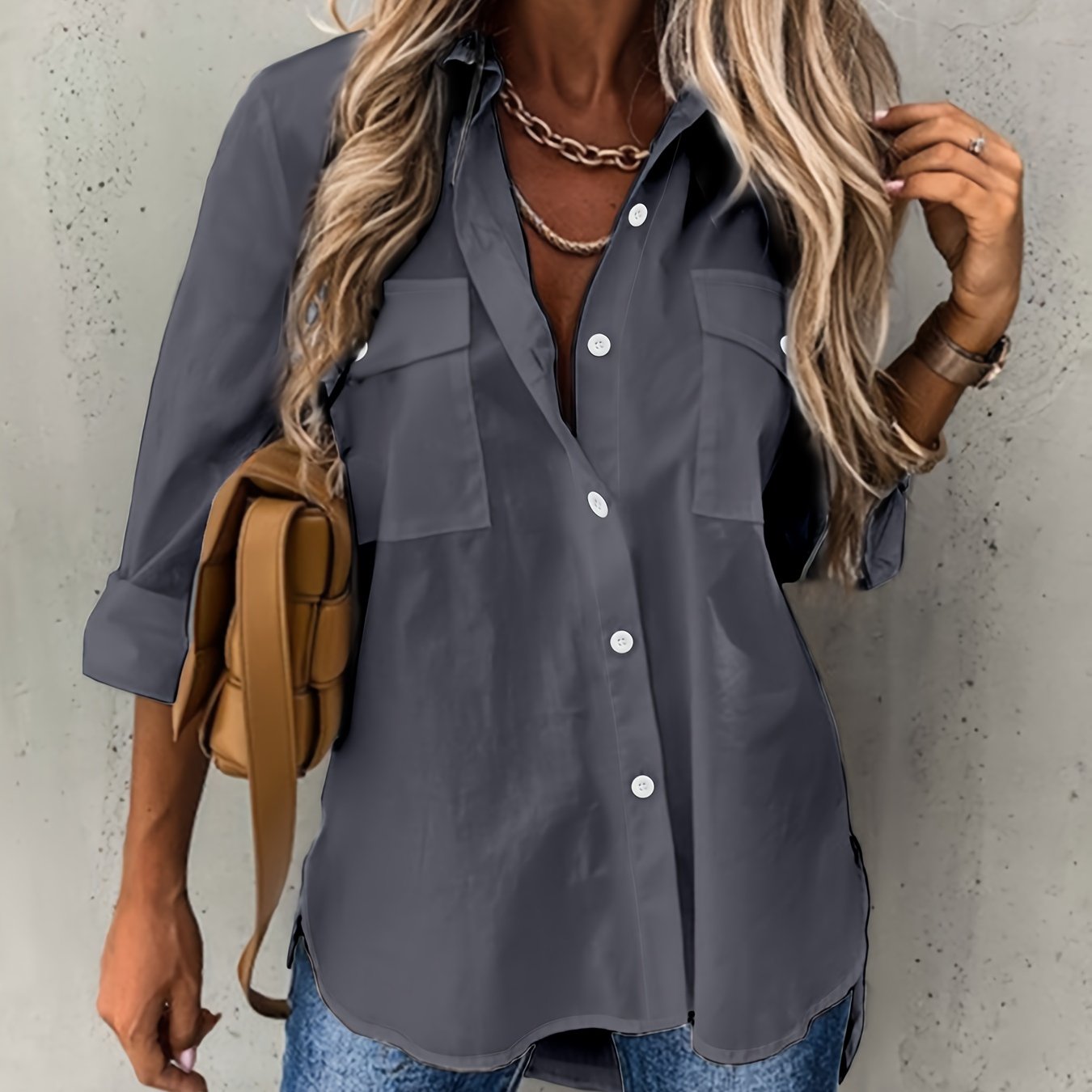 Dames - Relaxed Fit Blouse - Lange Mouwen - Kantoor en Casual - ELEGANTE BLAUW