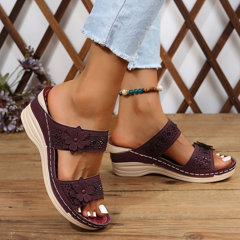 Dames - Sleehakken Sandalen - Met Bloem en Strass - Comfortabele Steunzolen - ELEGANTIE