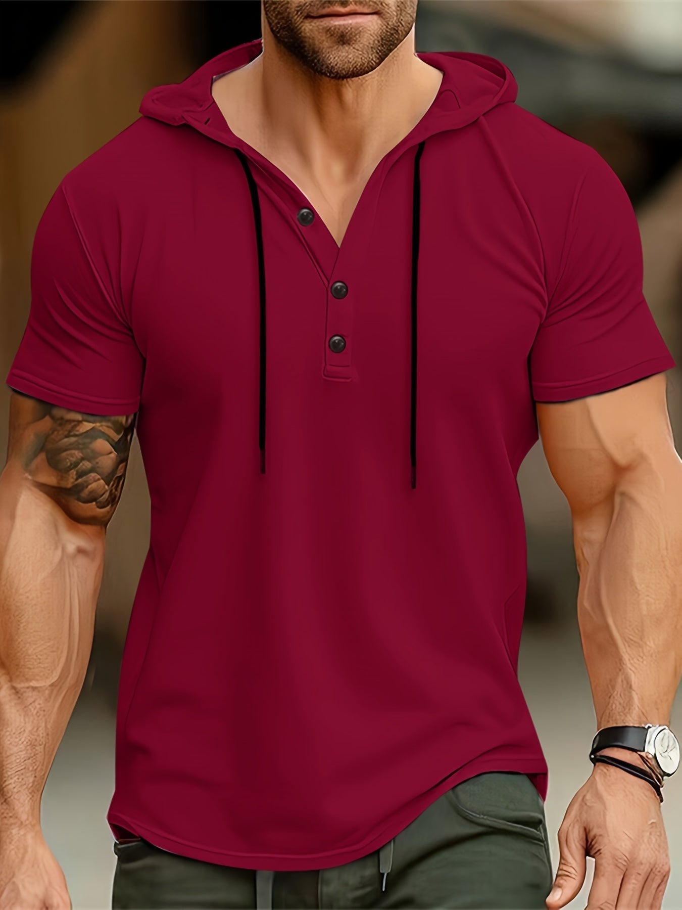 Heren - Korte Mouwen T-Shirt - Comfortabele Capuchon en Knoopsluiting - Casual Mode - STIJLVOL T-SHIRT