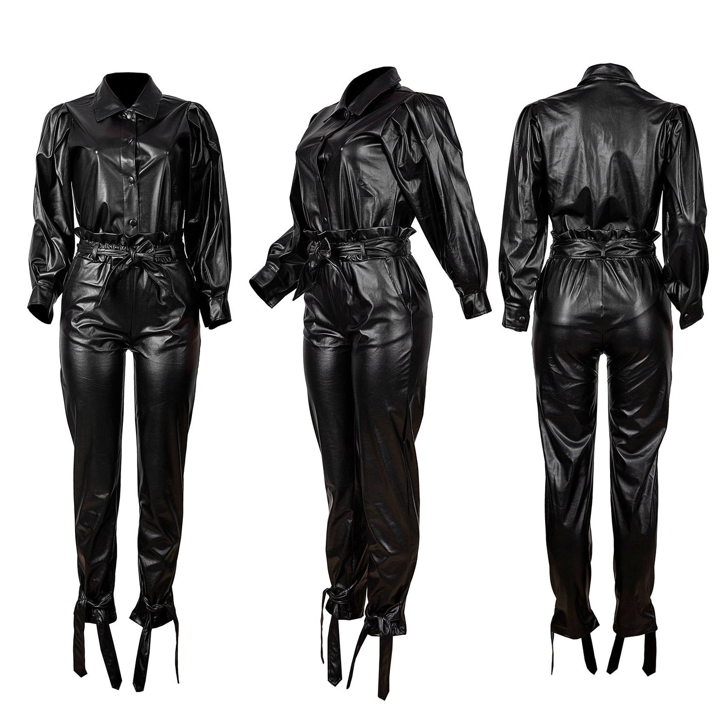 Stijlvolle PU jumpsuit met bindceintuur voor een trendy look – LumeaLicht