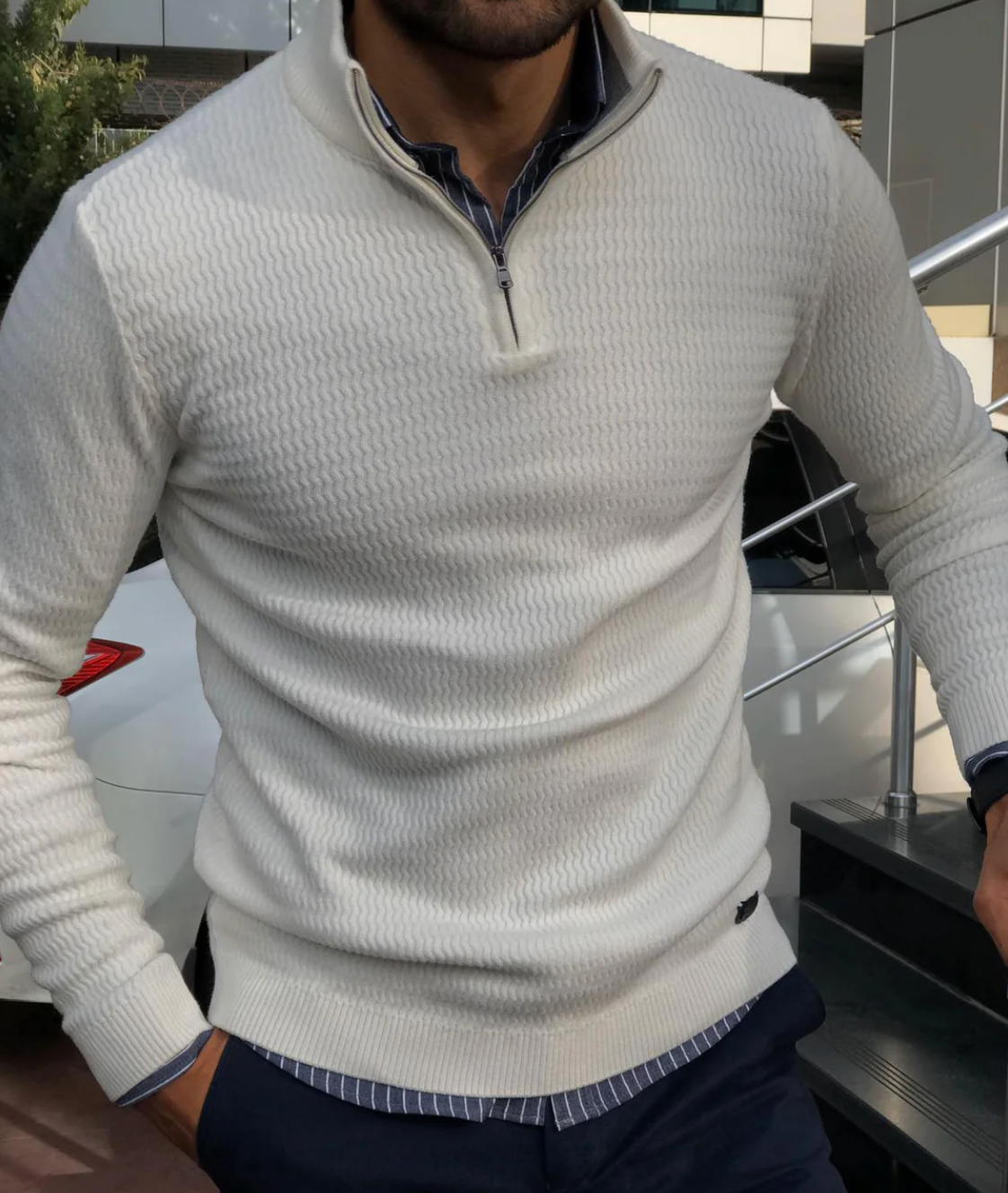 VINCENZO – Half-zip trui met textuurpatroon voor een elegante en comfortabele look