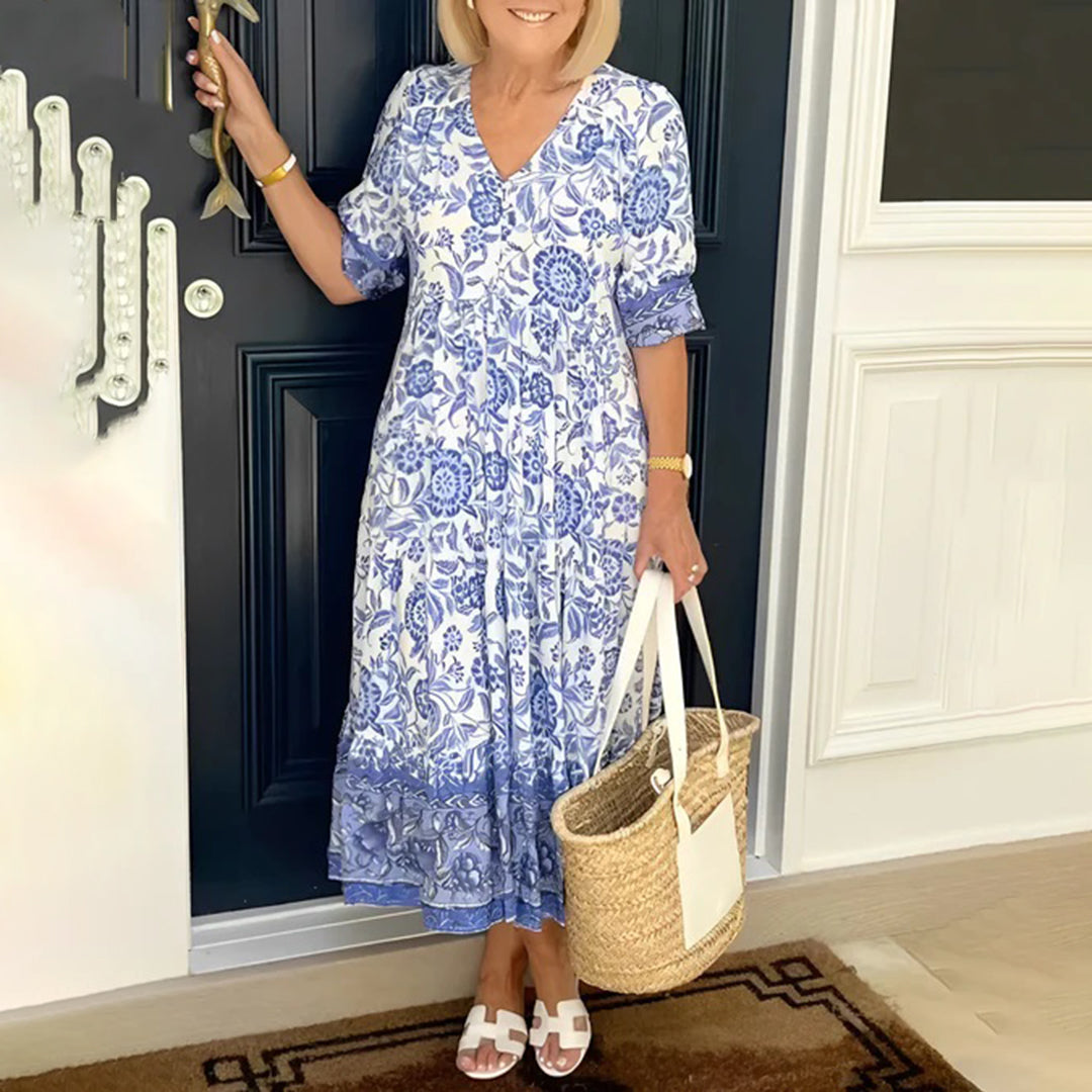 Dames - Casual Midi-Jurk - Comfortabele Bloemenprint - Zomer Mode - ELEGANTE STIJL